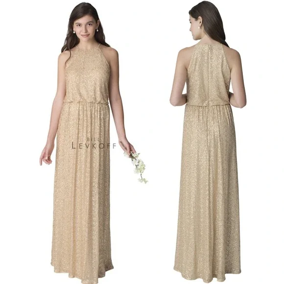 BILL LEVKOFF Sequin Net Gown Halter